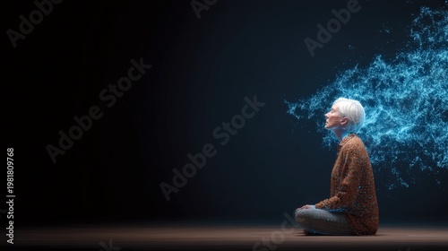 A person sits cross-legged with eyes closed, surrounded by a digital blue particle cloud the merging of human and technology in a dark space, Digital Twin Reality AI technology