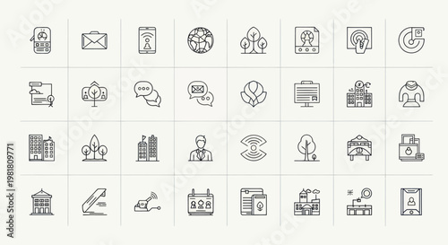 Smart City Technology Icons: Buildings, Communication, Networking, and IoT