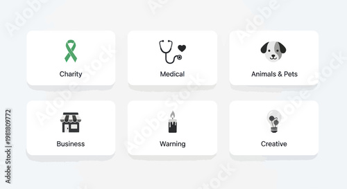 Six modern flat icons for website navigation: Charity, Medical, Pets, Business, Warning, Creative.