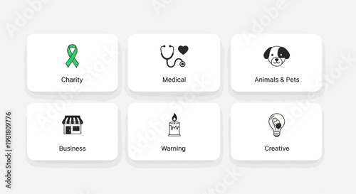 Six modern UI cards with icons: Charity, Medical, Animals, Business, Warning, Creative