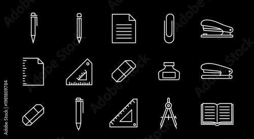 Set of White School and Office Supplies Icons on Black Background