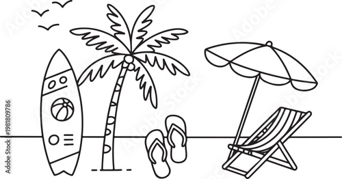 Beach scene icons with palm tree surfboard flip flops beach chair umbrella for summer vacation and holiday recreation vector.
