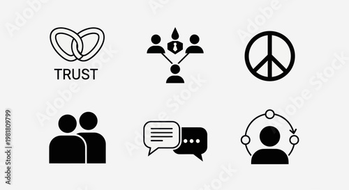 Social Connection Icons: Trust, Teamwork, Peace, Community, Communication, Network