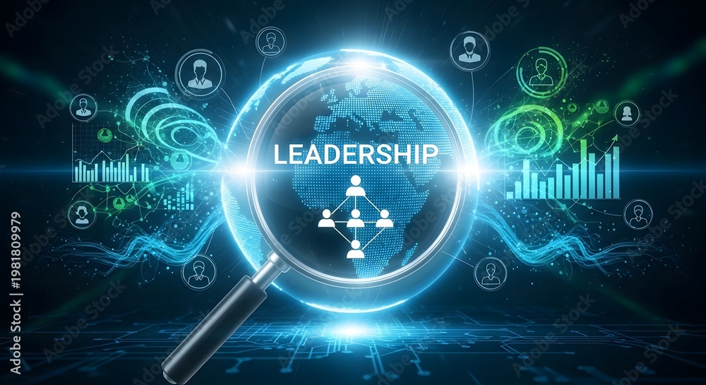 Fototapeta premium Futuristic leadership concept with magnifying glass over digital world globe and networking icons on blue background
