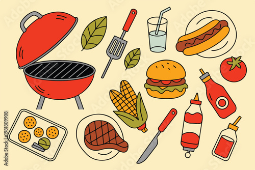 Summer cookout bbq set featuring kettle grill hamburger steak hot dog on plate corn cob sauces and cooking tools on yellow canvas.