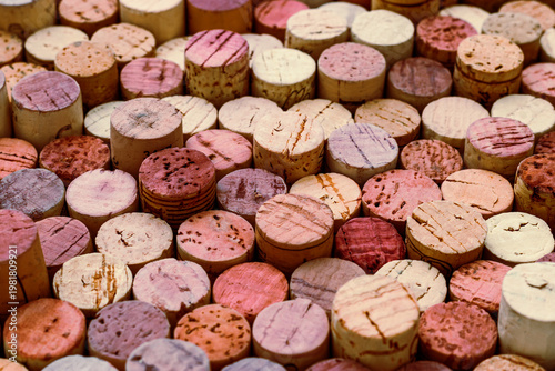Wine corks background closeup, repeat cork as abstract pattern suitable for contemporary design. Rhythm enhances visual identity materials for packaging layouts, print production and modern visual.