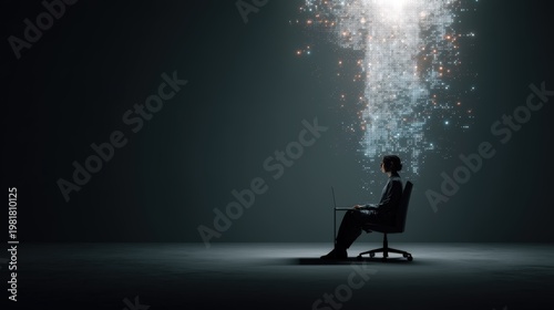 A person sits on a chair working on a laptop, surrounded by a dark space with digital data particles floating upward, Digital Twin Reality AI technology