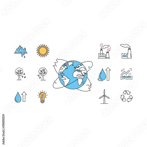 Environmental impact and global climate change infographic icons with pollution