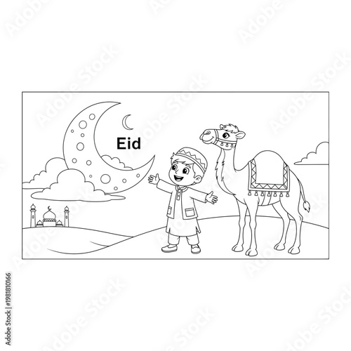 Coloring page featuring a happy boy and a camel celebrating eid, coloring