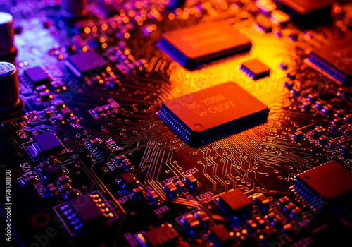 Macro view of a complex electronic circuit board illuminated with vibrant orange and purple neon lighting for technology themes