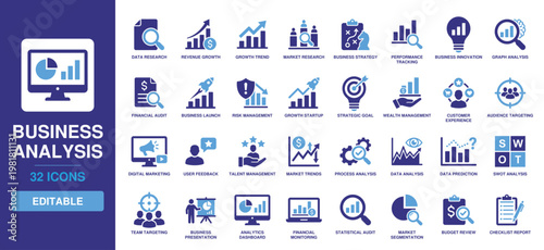 Business Analysis Icon Set featuring Data Research, Revenue Growth, Strategic Goal, Risk Management, and SWOT Analysis for Corporate Marketing and Finance.