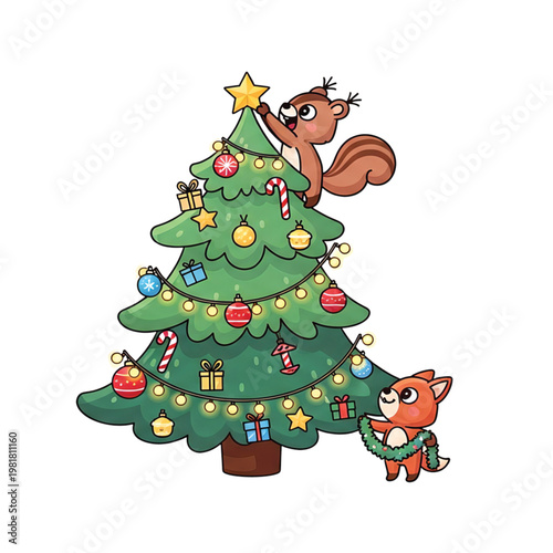 Whimsical Christmas Squirrels: A charming illustration depicts squirrels adorning a Christmas tree, radiating festive cheer, filled with ornaments, lights, and wrapped gifts.