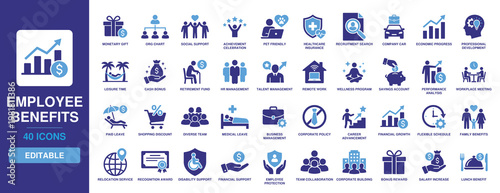 Employee Benefits Solid Vector Glyph Icon Set featuring Healthcare Insurance, Retirement Fund, Wellness Program, Paid Leave, and Salary Increase for HR and Business Management.