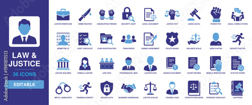 Law and Justice Solid Vector Glyph Icon Set featuring Judge Gavel, Balance Scale, Police Badge, Legal Document, Lawyer Briefcase, and Courtroom Investigation for Legal Services.