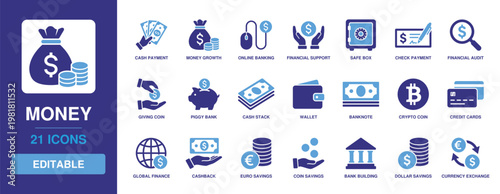 Money Icon Set featuring Cash Payment, Online Banking, Piggy Bank, Wallet, Credit Cards, Global Finance, and Currency Exchange for Financial and Banking Services.