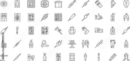 Tattoo Parlor Equipment and Symbols Line Art IconsTitle: Tattoo Parlor Equipment and Symbols Line