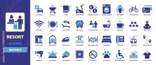 Resort Solid Vector Glyph Icon Set featuring Hotel Reception, Spa Therapy, Luggage Cart, Service Bell, Room Service, Dining Table, and Swimming Pool for Hospitality and Tourism Marketing.