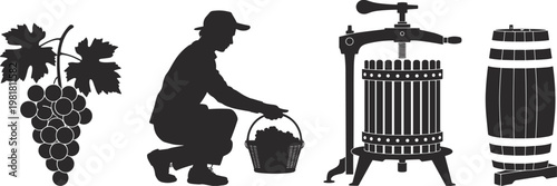 Vineyard Harvest and Winemaking Equipment Silhouettes