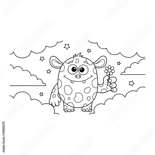 Cute spotted monster character coloring page holding a flower with creature