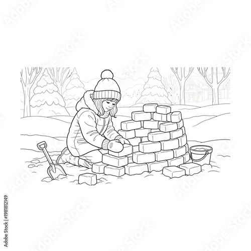 Young person constructing snow block wall outline with construction, building