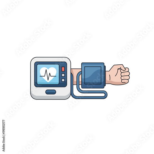 Medical blood pressure monitor cuff attached to human arm illustration