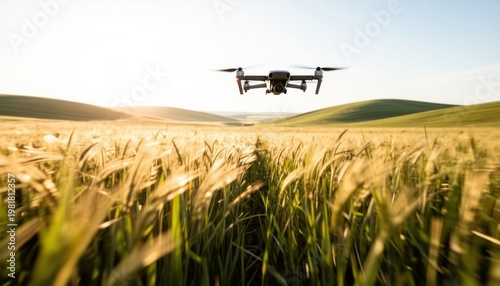 Drone flying over golden wheat field at sunrise for precision agriculture technology