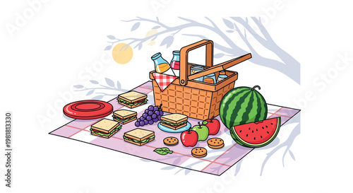 A picnic basket filled with sandwiches, fruit, and drinks rests on a blanket outdoors.