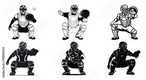 Set of baseball catcher illustrations in various black and white poses with protective gear and mitts in vector style