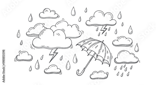 A simple line drawing of an umbrella in a rainstorm with clouds and lightning.