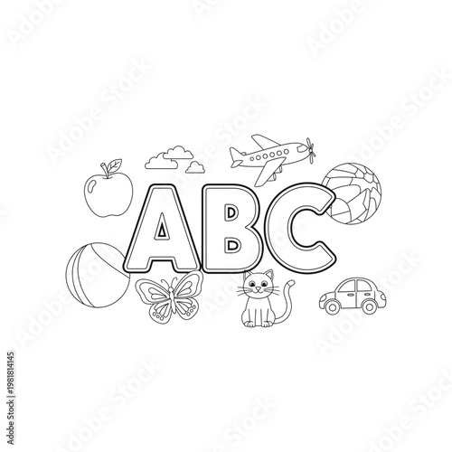 Abc alphabet coloring page with animal and object icons alphabet learning