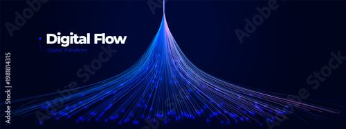 Digital Flow Data Stream Blue Neon Glowing Lines Network, AI Information Flow Concept Design for Data Science Research, Artificial Intelligence Innovation, Digital Transformation Tech. Vector