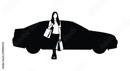 Woman with shopping bags leans against a car in stark silhouette