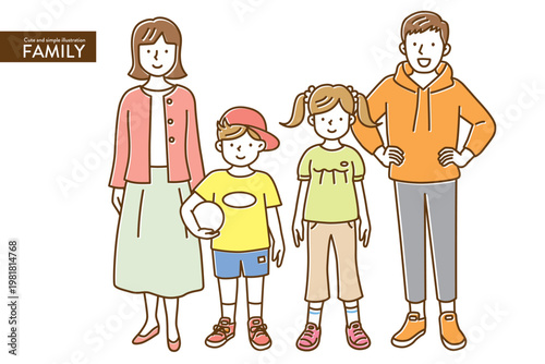 ナチュラルカラーでかわいい、シンプルな4人家族のイラストセット