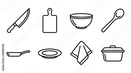 Kitchen utensils set knife cutting board bowl spoon pan plate napkin pot