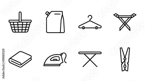 Laundry icons set basket detergent hanger drying rack towel iron board pin