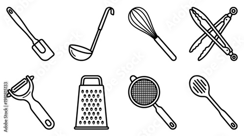 Line art kitchen utensils illustration for culinary and design projects