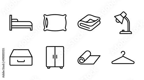 Minimalist bedroom icon set bed pillow blanket lamp drawer wardrobe mat hanger