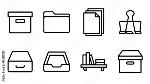 Office supplies icon set boxes folders files and storage symbols