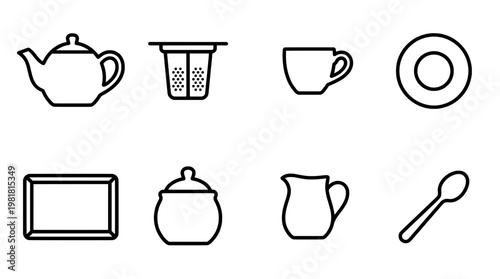 Outline drawings of tea set elements for design and conceptual uses