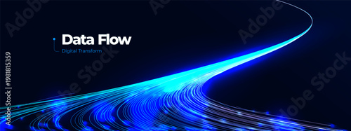 Digital Wavy Flow Data Stream Blue Neon Glowing Wave Lines Network, AI Information Flow Concept Design for Data Science Research, Artificial Intelligence Innovation, Digital Transformation. Vector