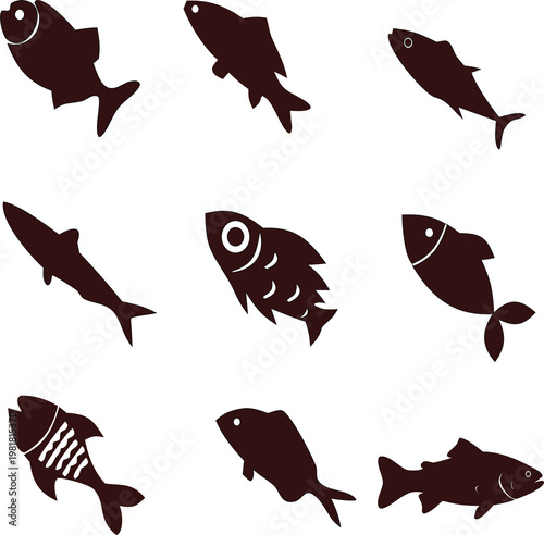 Professional fish silhouette vector  set with multiple style, perfect for branding, aquatic symbols, and modern graphic projects.