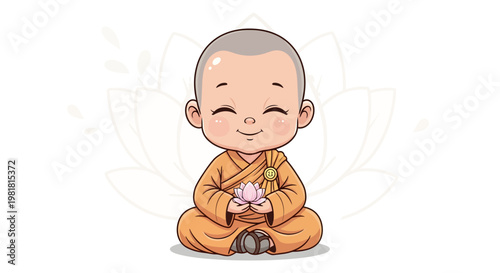 Adorable baby monk character sitting peacefully while holding a lotus flower, illustrated in soft pastel colors with a gentle and calm expression.
