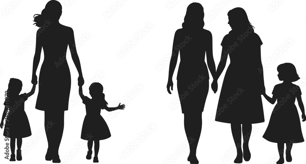 Εκτύπωση καμβά Family silhouette set featuring mother with children and lesbian couple with dau