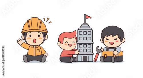 Three Cartoon Construction Workers Building a Skyscraper Together.