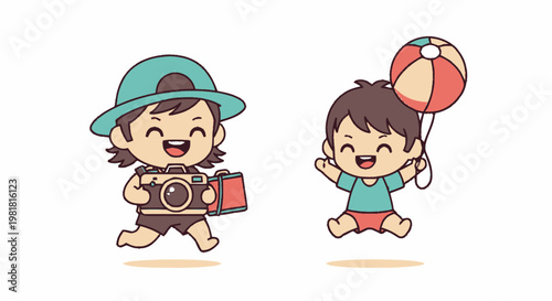 Two Happy Cartoon Children Playing With Toys.