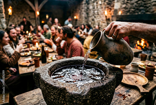 Medieval feast pouring water into stone basin lively crowd indoors.