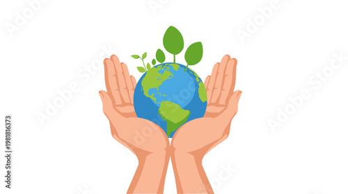 Hands cradling a small green Earth with growing plants and trees