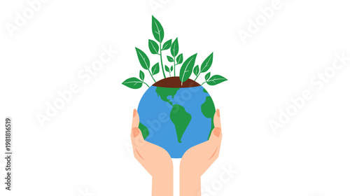 Mother holds Earth with green plants growing from it lovingly