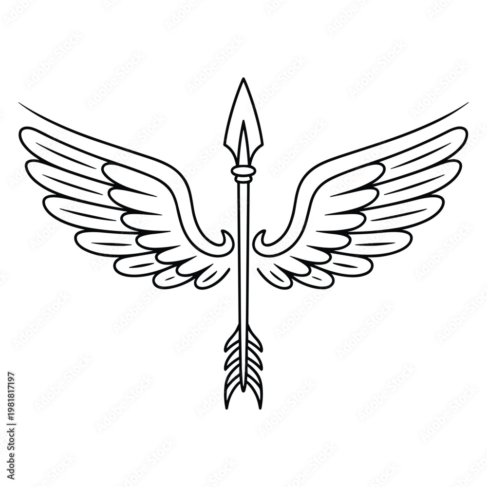 Fototapeta premium Artistic linear design of a winged arrow representing ancient mythology and heraldry symbols