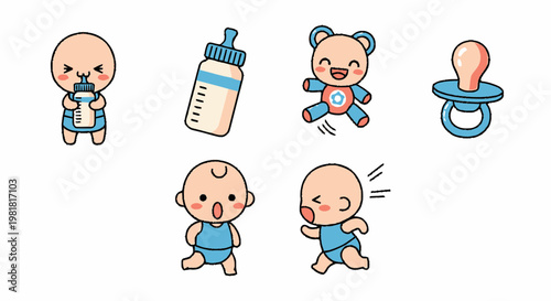 Adorable Baby Items - Bottle, Pacifier, Teddy Bear, and Cute Babies.